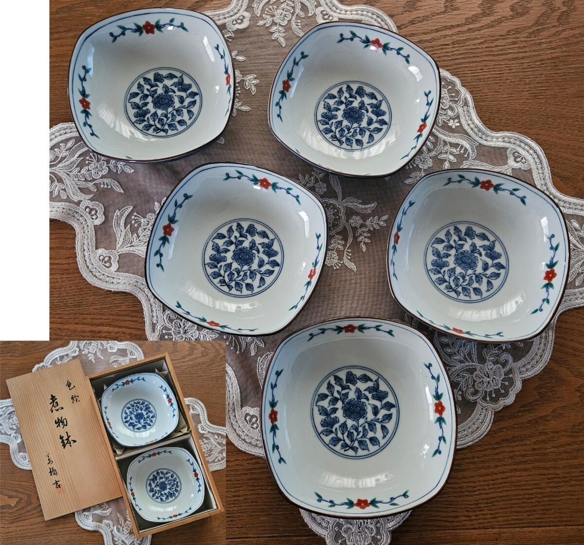 たち吉 色絵 煮物鉢 四角 中鉢 5個セット 新品拍卖