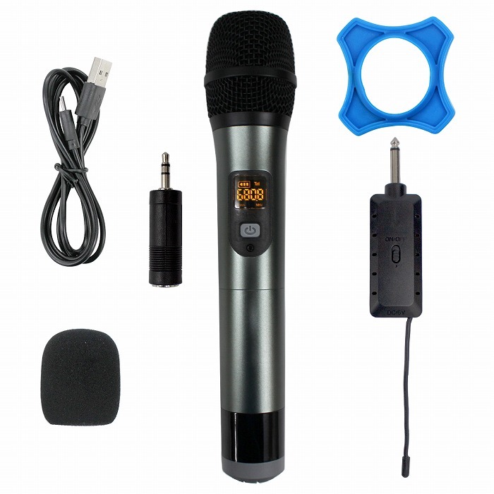 ワイヤレスマイク ハンドマイク 無線 コードレス プロフェッショナル マイク カラオケ グレー 6.5mm 3.5mm アダプター 街宣拍卖