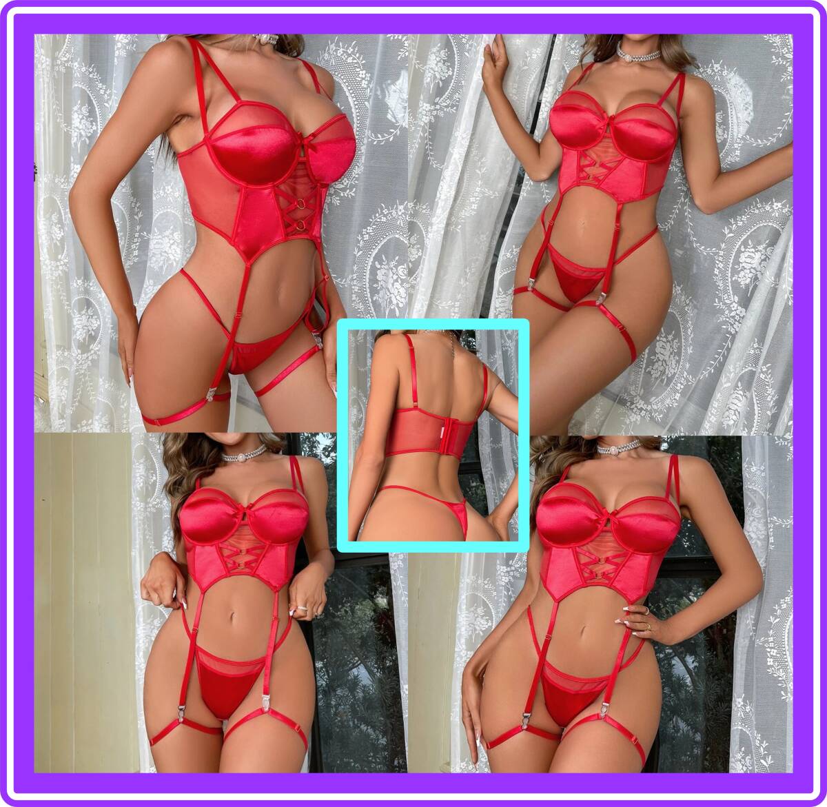 ★超素敵★アンダーワイヤー★ガーターランジェリーセット★サテン★シースルー★光沢★レッド★ボーン入り★R67拍卖