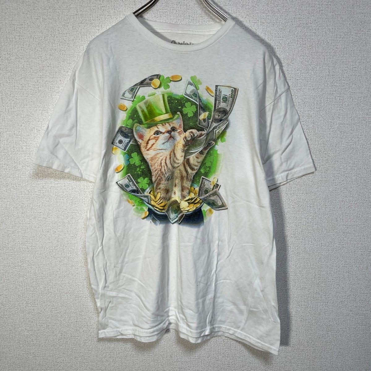 アニマル 半袖Tシャツ ネコ 紙幣 ドル シルクハット クローバー白D3 古着 入手困難 激レア 希少 人気 猫 キャット拍卖