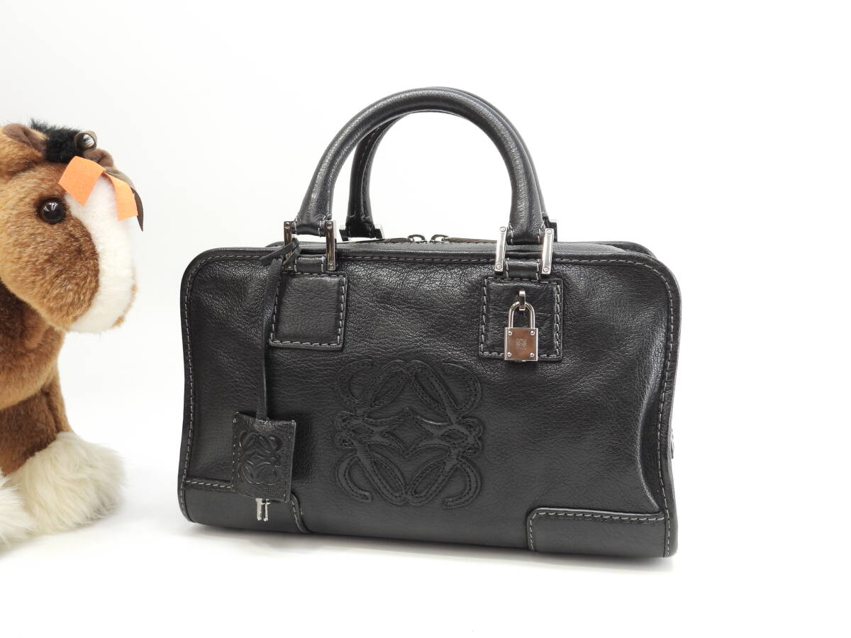 ロエベ アマソナ28 型押レザー 黒 ハンドバッグ シルバー金具 アナグラム@060807拍卖