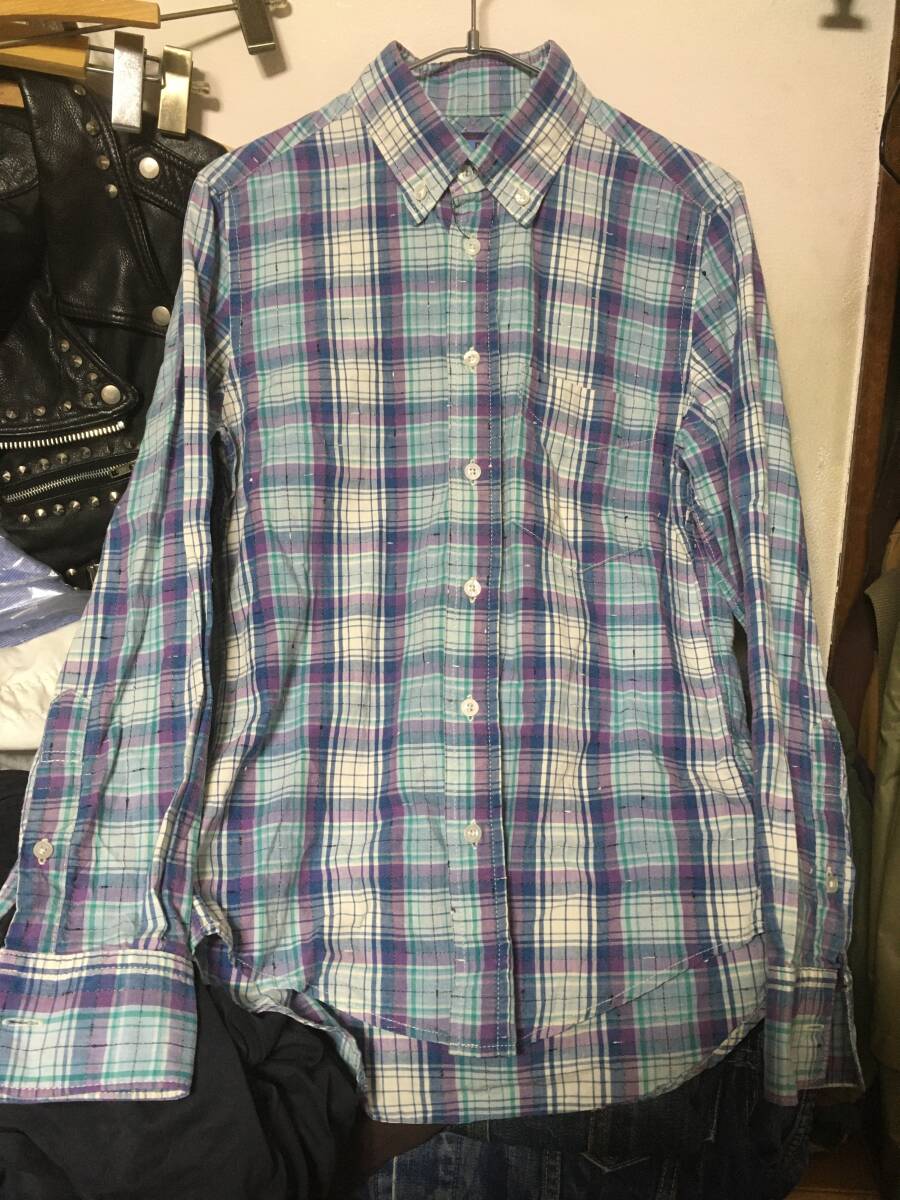 2305ハリウッド ランチ マーケットHRM聖林ハリランチBLUE BLUEブルーブルーINDIGOインディゴ染ボタンダウンB/Dマドラスチェック麻混シャツS拍卖