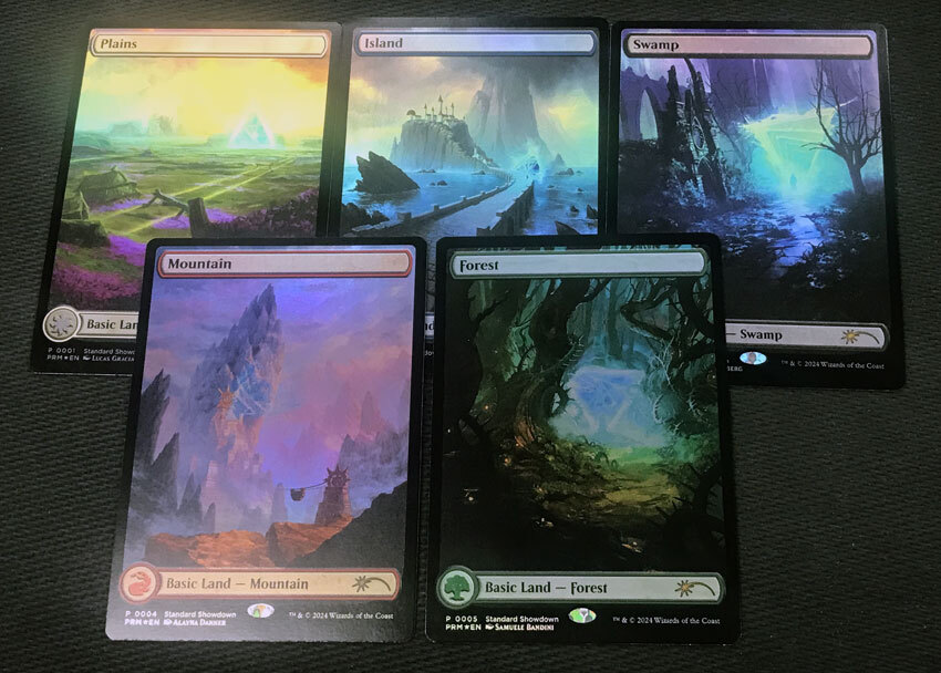 マジック:ザ・ギャザリング スタンダード・ショーダウン プロモ 領界路 基本土地 平地 / 島 / 沼 / 山 / 森 (フルアートfoil仕様 / 各1枚)拍卖