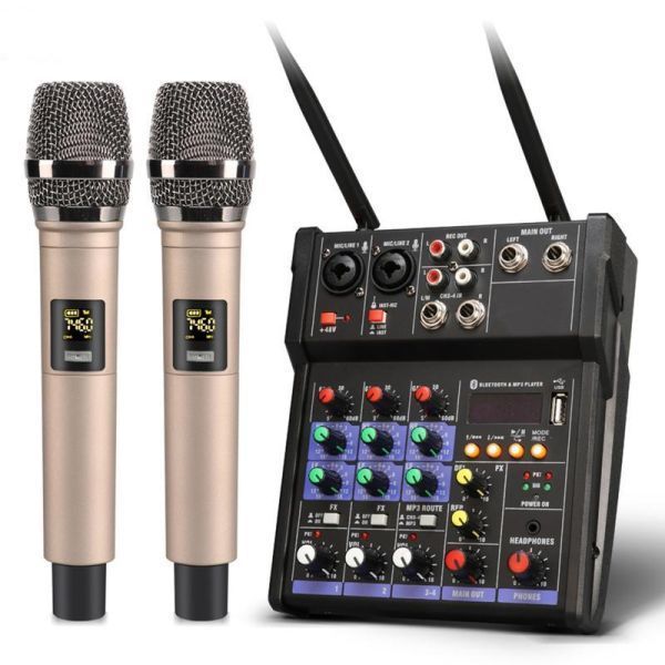 A001:オーディオミキサー 4チャンネルコンソール ワイヤレスマイク サウンドミキシングミキサー カラオケ拍卖