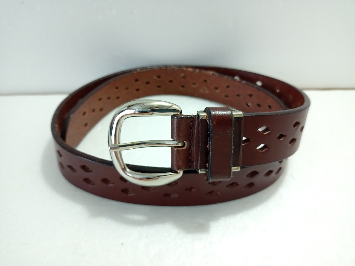 本革パンチングベルト 全長94cm 30mm幅 こげ茶色拍卖