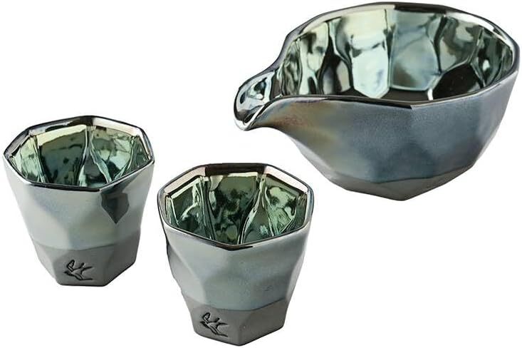 美濃焼! ☆プラチナブルー酒器セット☆ V4051-3 新品 ぐい呑 盃 杯 カズキ お猪口 ギフト拍卖
