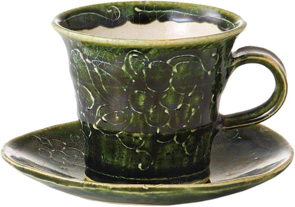 美濃焼! ☆織部一珍コーヒー碗皿☆ V4025-6 新品 コーヒー 紅茶 ミルク ラテ エスプレッソ カプチーノ ギフト拍卖