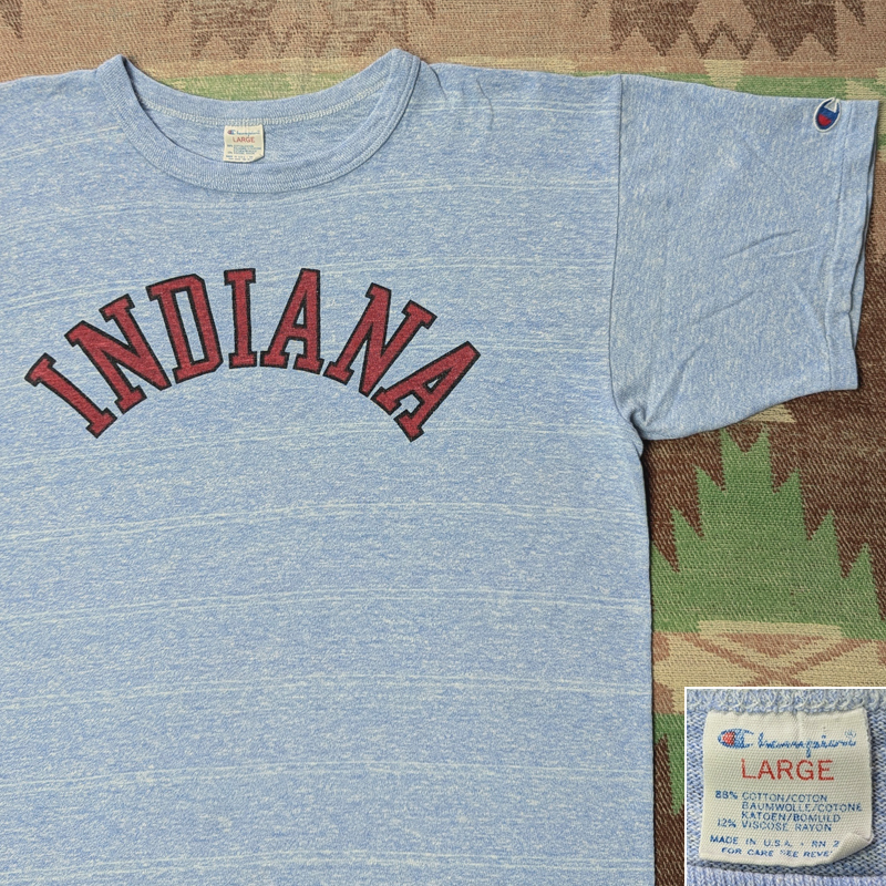 染み込みプリント 【チャンピオン】 80年代 ブルー霜降り Tシャツ ボーダー ストライプ 8812 トリコタグ アメリカ製 ビンテージ 70s80s90s拍卖