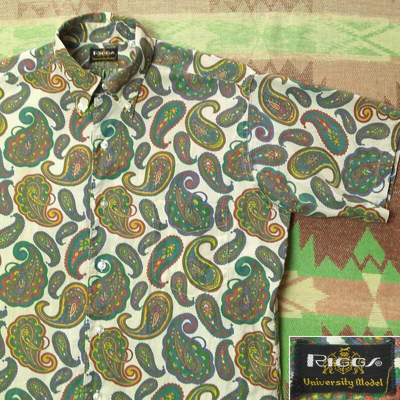 ペイズリー【RIGGS】 60年代 半袖 コットン ボタンダウン シャツ M 総柄 アイビー プレッピー アメトラ ヴィンテージ ビンテージ 50s60s70s拍卖