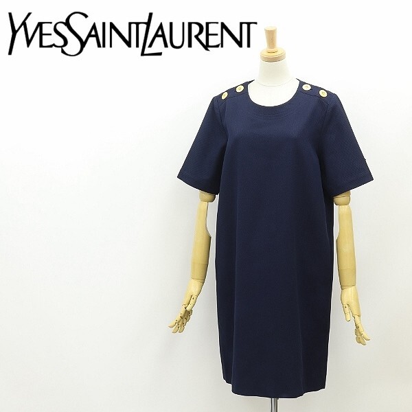 ヴィンテージ◆Yves Saint Laurent イヴサンローラン ショルダーボタン コットン ショートスリーブ ワンピース 紺 ネイビー 36拍卖