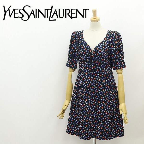 美品◆Yves Saint Laurent イヴ サンローラン スイス製生地 花柄 リボン ボリュームスリーブ フレア ワンピース 黒 ブラック 36拍卖