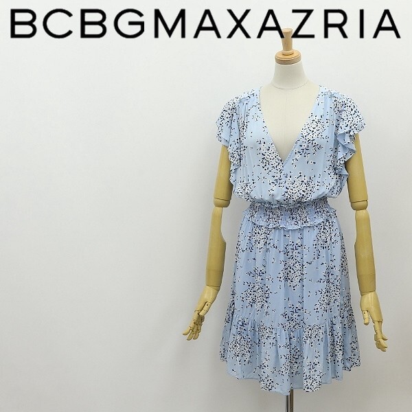 ◆BCBG MAXAZRIA マックスアズリア 花柄 フリル ギャザー フレア ブラウジング ワンピース 水色 XS拍卖