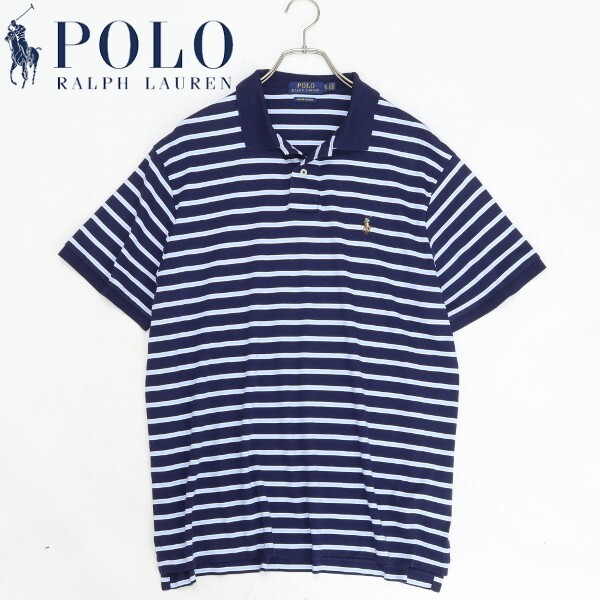 美品 国内正規品◆POLO RALPH LAUREN ポロ ラルフローレン CUSTOM SLIM FIT ボーダー柄 ポニー ロゴ刺繍 コットン ポロシャツ XL拍卖