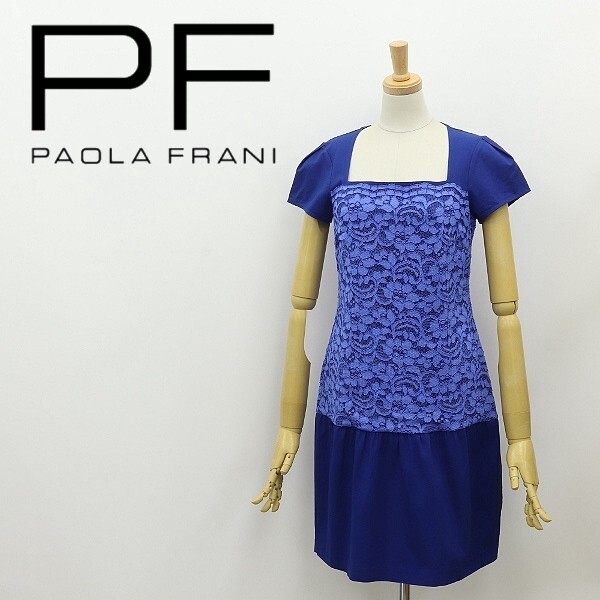 美品◆PAOLA FRANI パオラフラーニ ストレッチ コットン レース 切替 ギャザー ワンピース 青 ブルー×ネイビー 38拍卖
