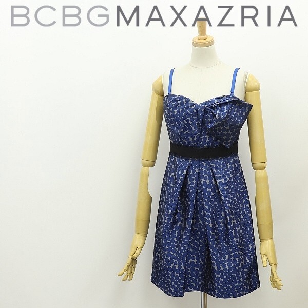 美品◆BCBG MAXAZRIA マックスアズリア 水玉 総柄 タック キャミソール ミニ ワンピース ブルー×グレー 0拍卖