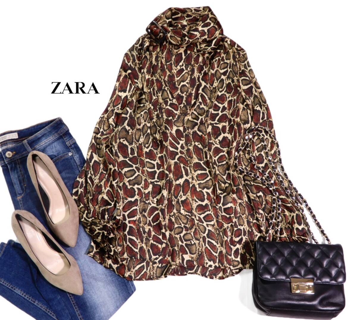 ザラ ZARA 大人素敵スタイル☆パイソンプリント 微光沢 ブラウス シャツ S拍卖