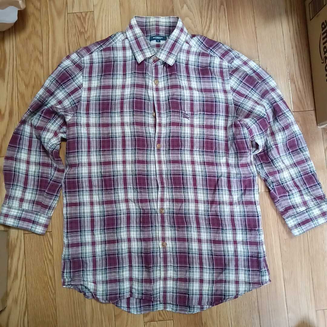麻 100%◆BURBERRY LONDON バーバリー 長袖チェックリネン 七分袖シャツ シャツ パープル Lサイズ 0704-B3Y-EI⑦拍卖