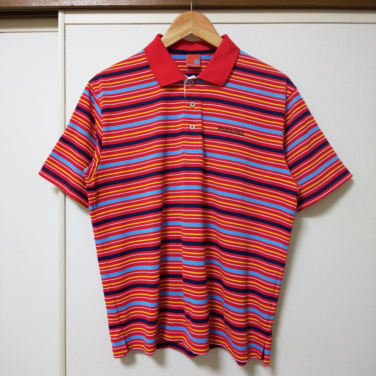 【ゴルフ】PARADISO パラディーゾ 半袖ポロシャツ Mサイズ レッド ボーダー 刺繍ロゴ拍卖