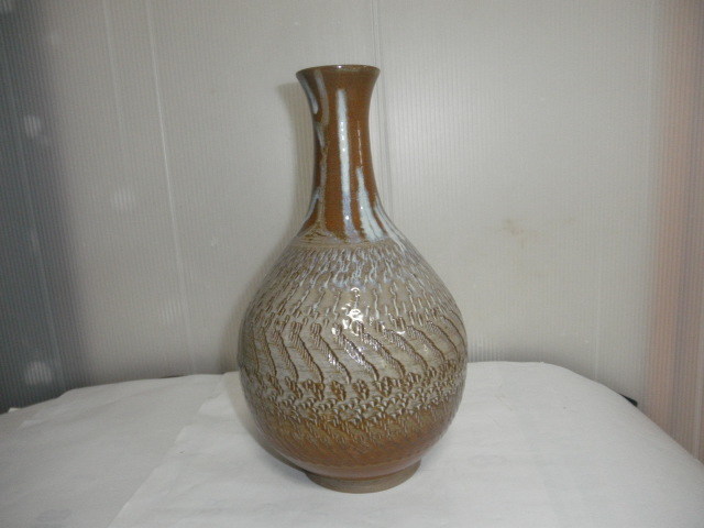 ★ 小鹿田焼 飛び鉋 一輪挿し 在銘 花びん 生花 華道 口径5.2cm 高さ27.3cm 胴回り 50cm 拍卖