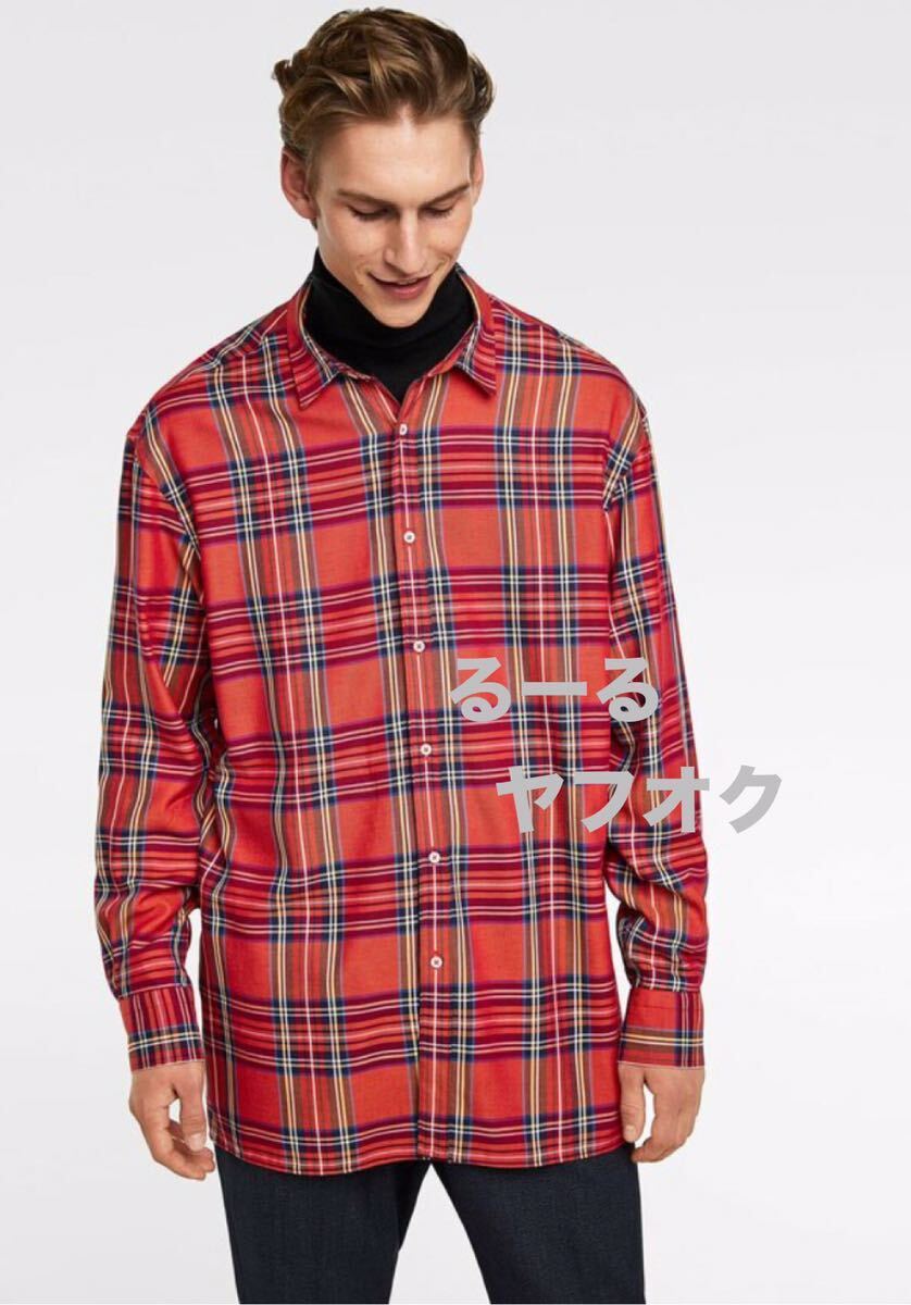 春夏 ゆったり ZARA MAN オーバーサイズ チェック シャツ メンズ S 38 レーヨン チェック柄 ネルシャツ ビッグシルエット オレンジ拍卖