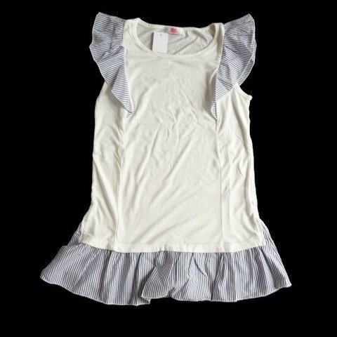 新品 ryuryu リュリュ 袖フリル ロング タンクトップ 白 M ベルーナ 肩フリル フレンチスリーブ 青 ストライプ拍卖