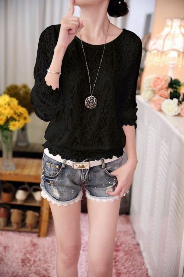 レディース ブラウス 長袖 総レース 花柄 エレガント ラウンドネック シャツ トップス (ブラック A, M)拍卖