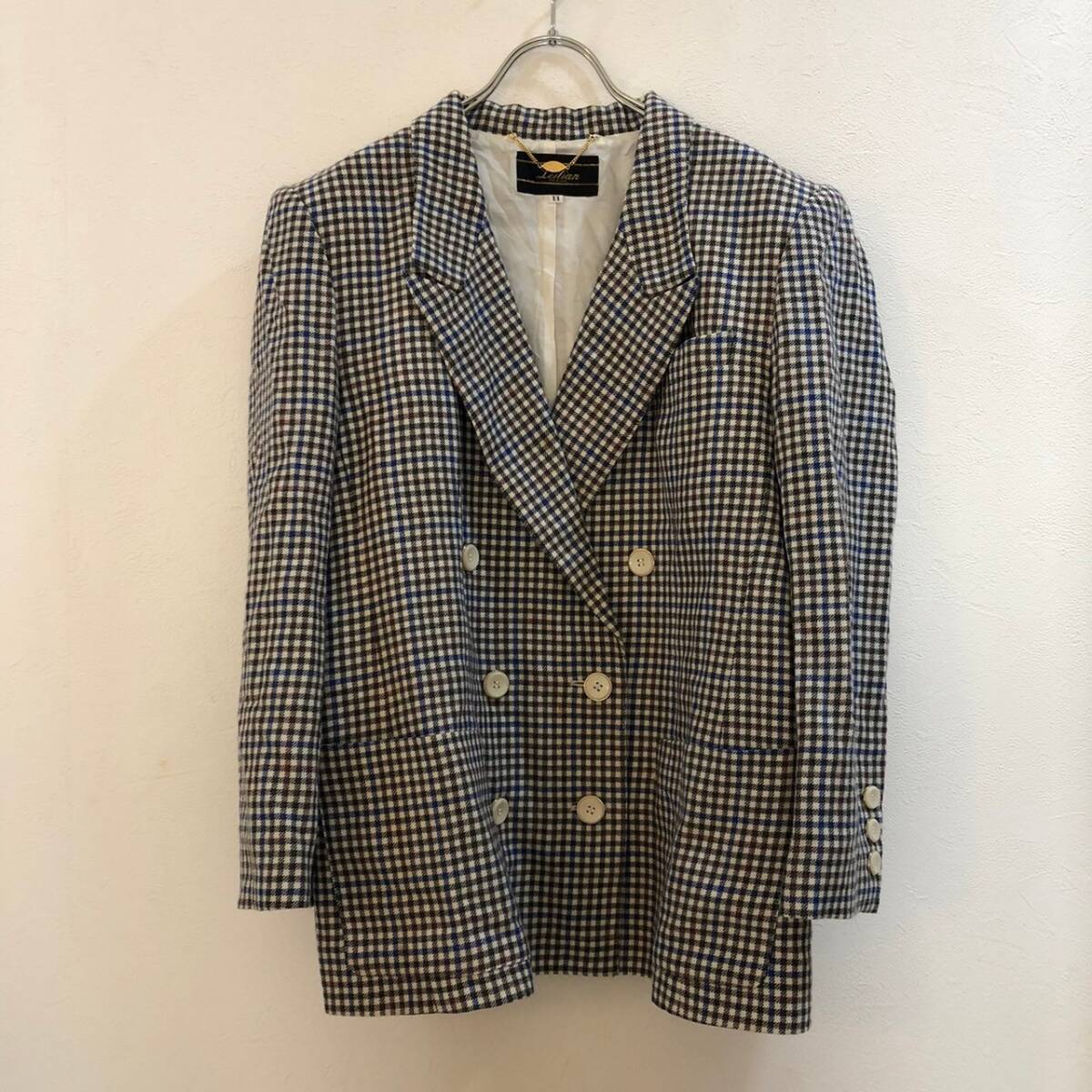 Leilian/レリアン 長袖チェック柄ダブルボタンジャケット ネイビー ブラウン レディース 11号拍卖