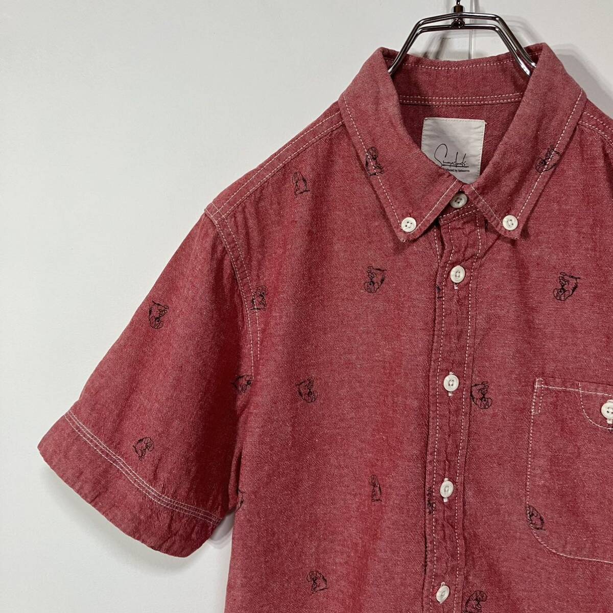 Sunny clouds サニークラウズ 犬 アニマル ポケット ボタンダウン ラウンドカット コットン 半袖 シャツ 古着 杢レッド S拍卖