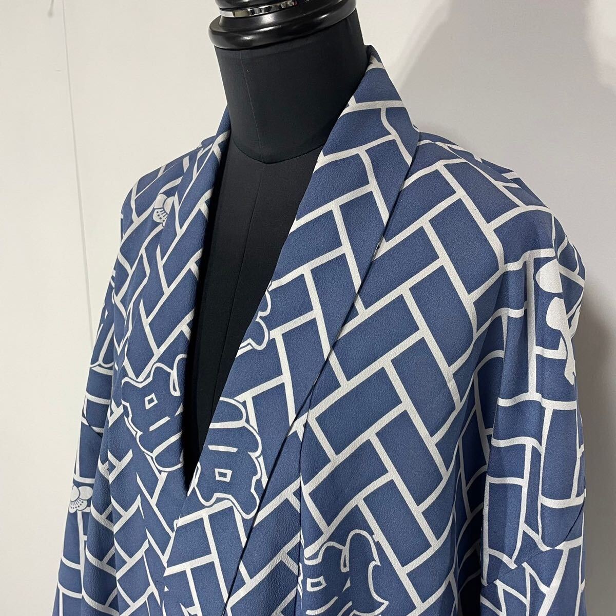 希少 着物 浴衣 梅后 梅 檜垣模様 単衣 棒衿 ヒヤシンスブルー 白拍卖