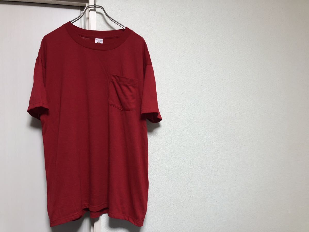 【送料無料】90sヴィンテージフルーツオブザルーム製ポケット付Tシャツレッドカラー サイズ XL46-48ビッグサイズ拍卖