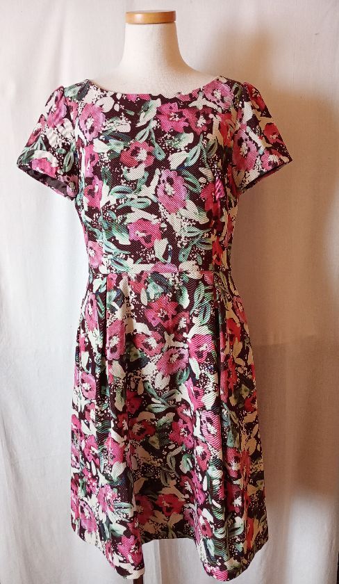 ef-de エフデ 花柄ワンピース コーデュロイ 半袖 サイズ9 日本製 ウエスト切り替え ピンク×ブラウン系 春秋拍卖