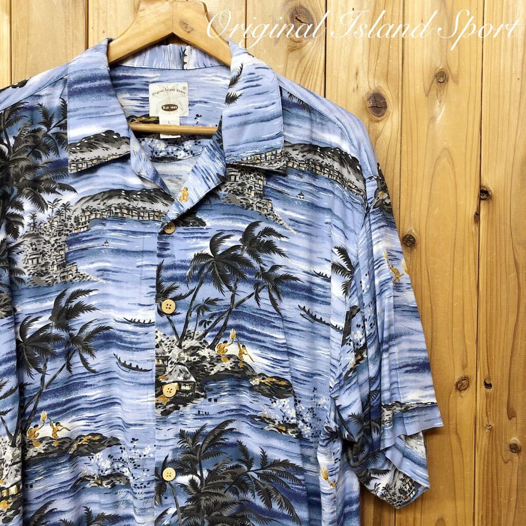 Original Island Sport*メンズL アロハシャツ ハワイアンシャツ オープンカラーシャツ レーヨン 涼感 柄シャツ 風景 アメカジ USA古着拍卖