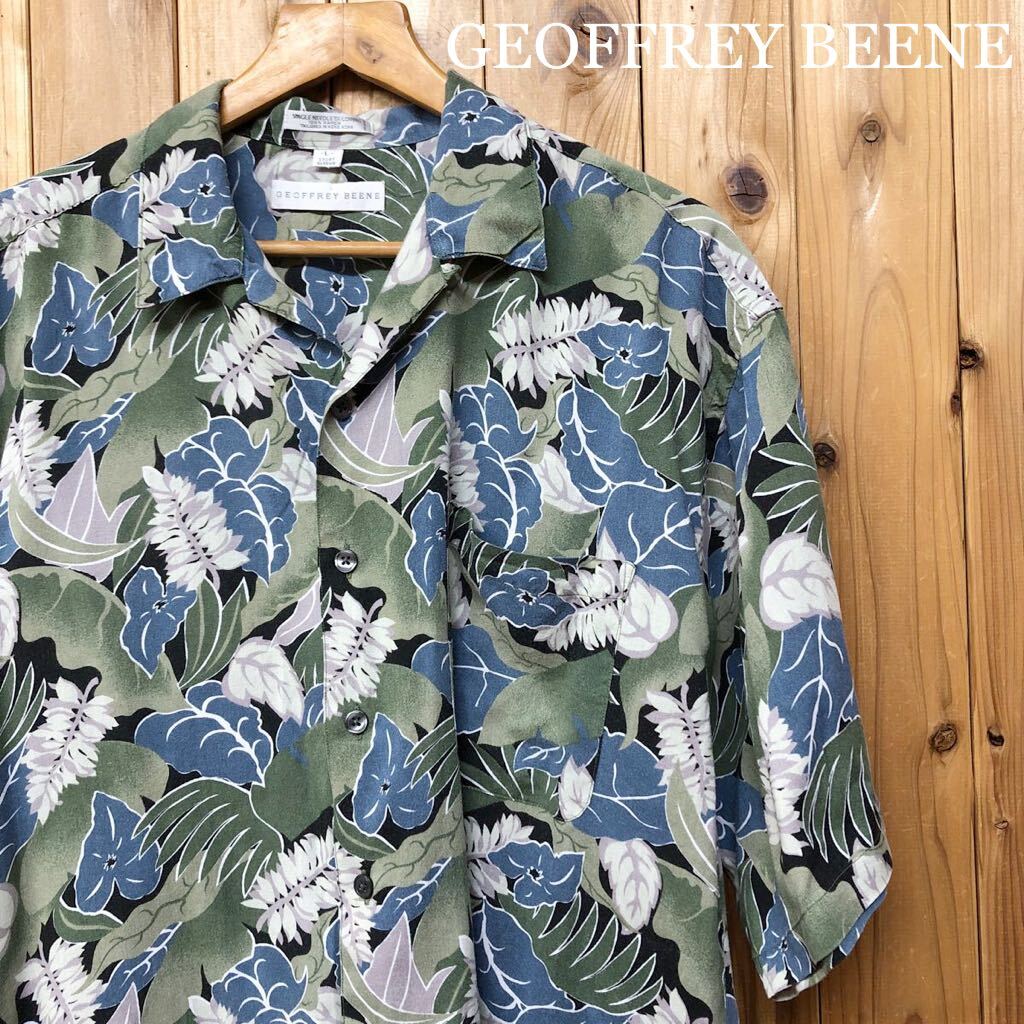 GEOFFREY BEENE /メンズL アロハシャツ ハワイアン オープンカラーシャツ 柄シャツ ボタニカル リーフ柄 涼感 開襟 アメカジ USA古着拍卖