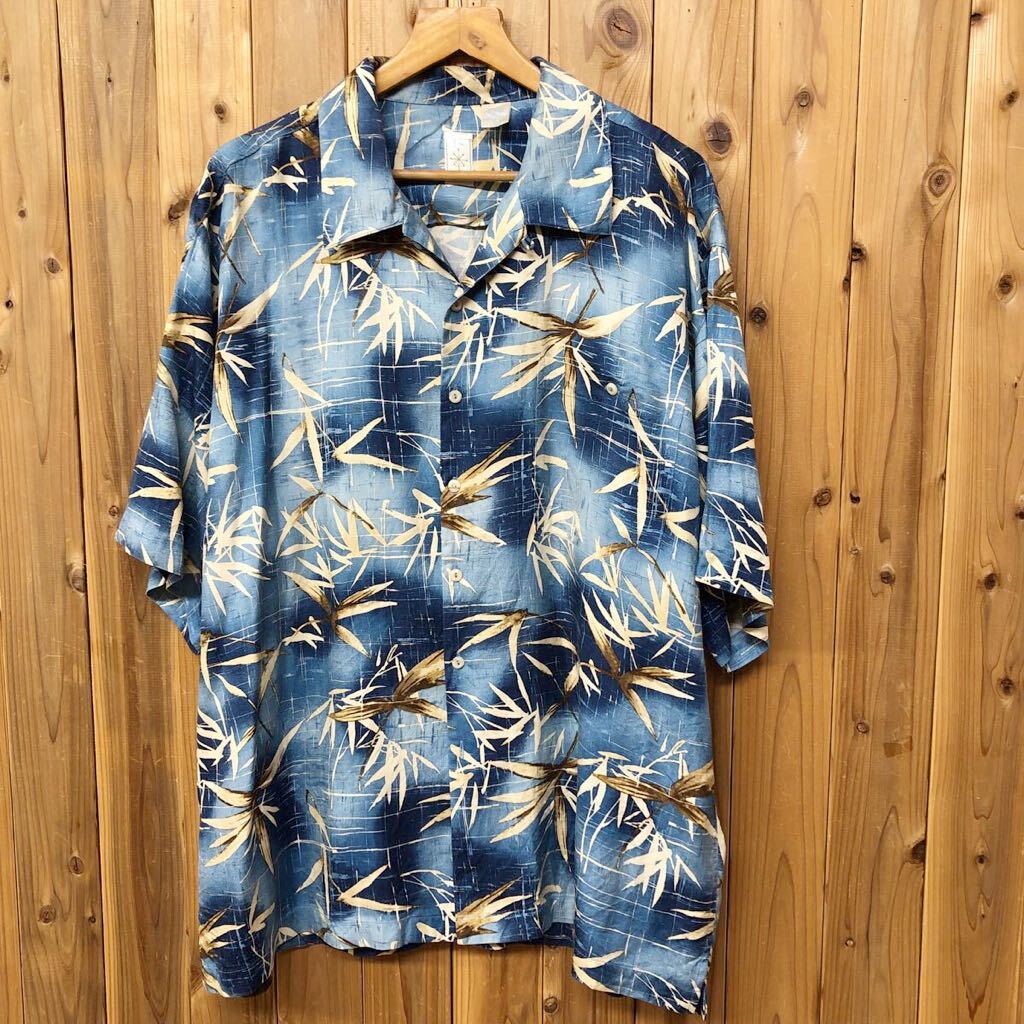 USA古着 /メンズXL シルクシャツ アロハシャツ オープンカラーシャツ 柄シャツ バンブー柄 ブルー 涼感 アメカジ ハワイアンシャツ拍卖