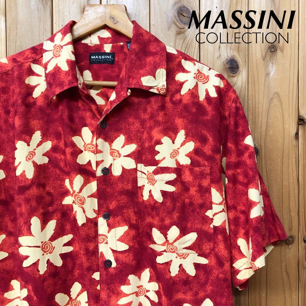 MASSINI*メンズM シルクシャツ アロハシャツ オープンカラー ハワイアンシャツ 柄シャツ 花柄 赤 開襟 涼感 アメカジ USA古着 拍卖