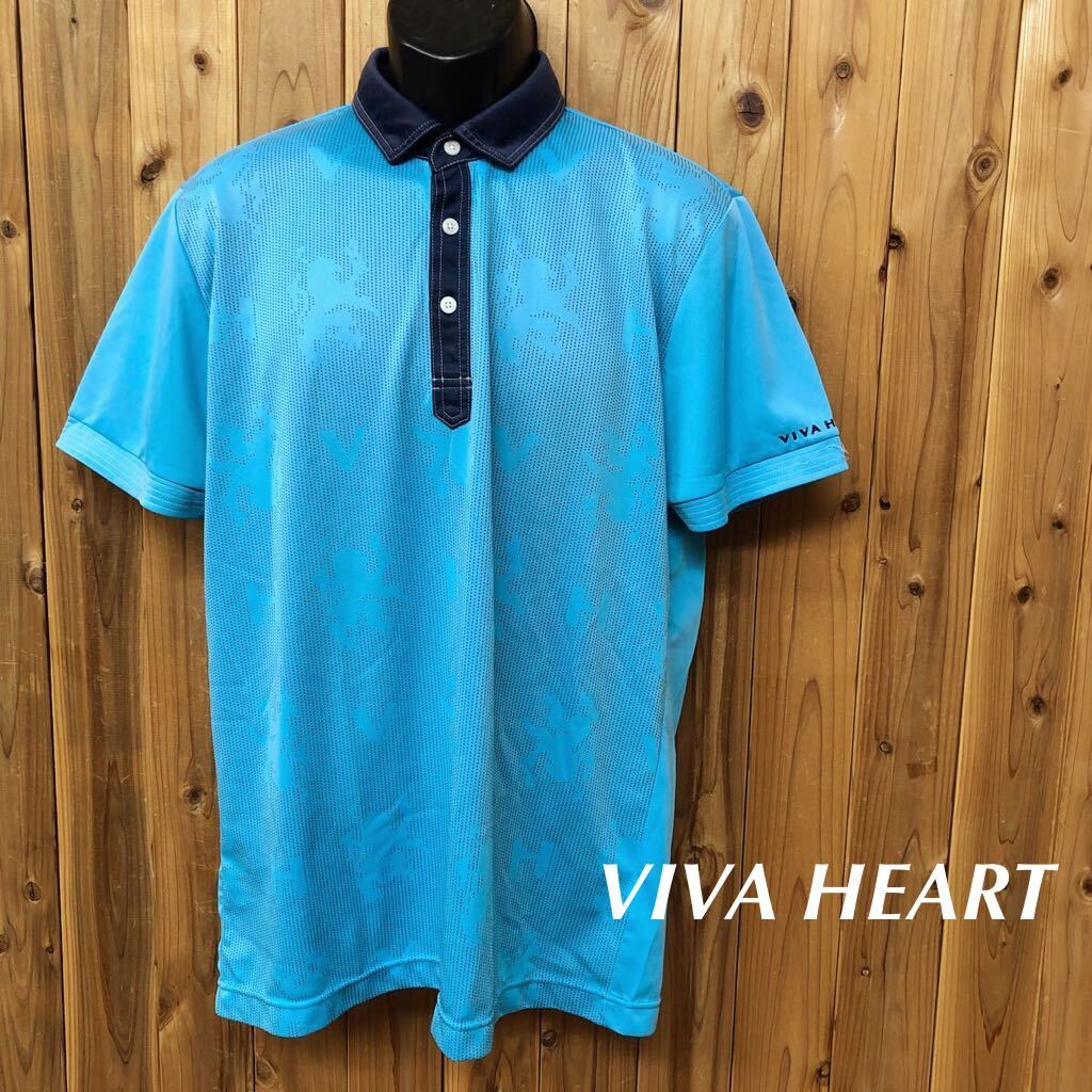 VIVA HEART*ビバハート メンズ52 半袖 ポロシャツ トップス ハーフボタン ロゴ刺繍 ブルー系 速乾 スポーツ ゴルフウェア拍卖