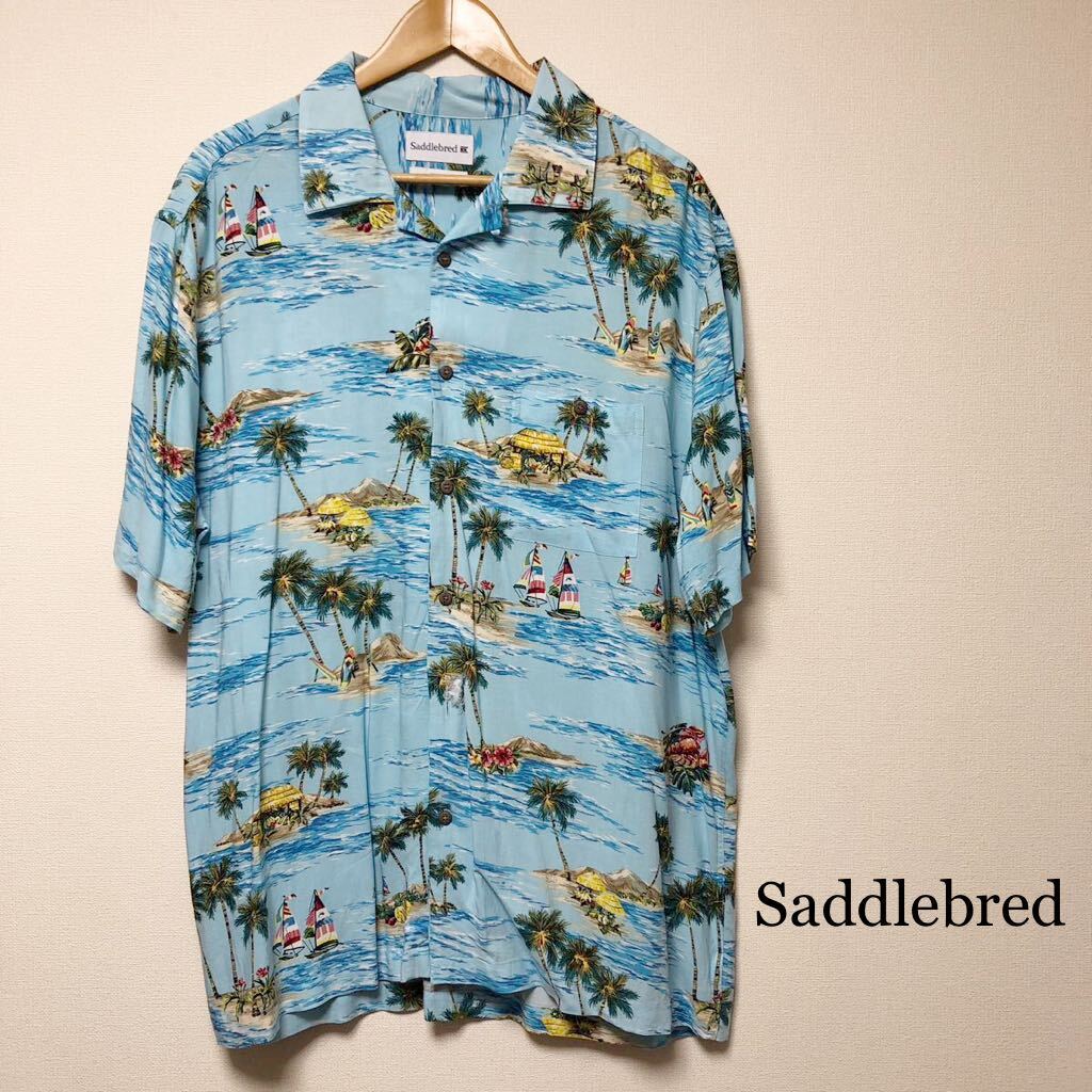 Saddlebred*CLASSIC FIT メンズXL アロハシャツ オープンカラーシャツ ハワイアン 風景 パームツリー 海 涼感 アメカジ USA古着拍卖