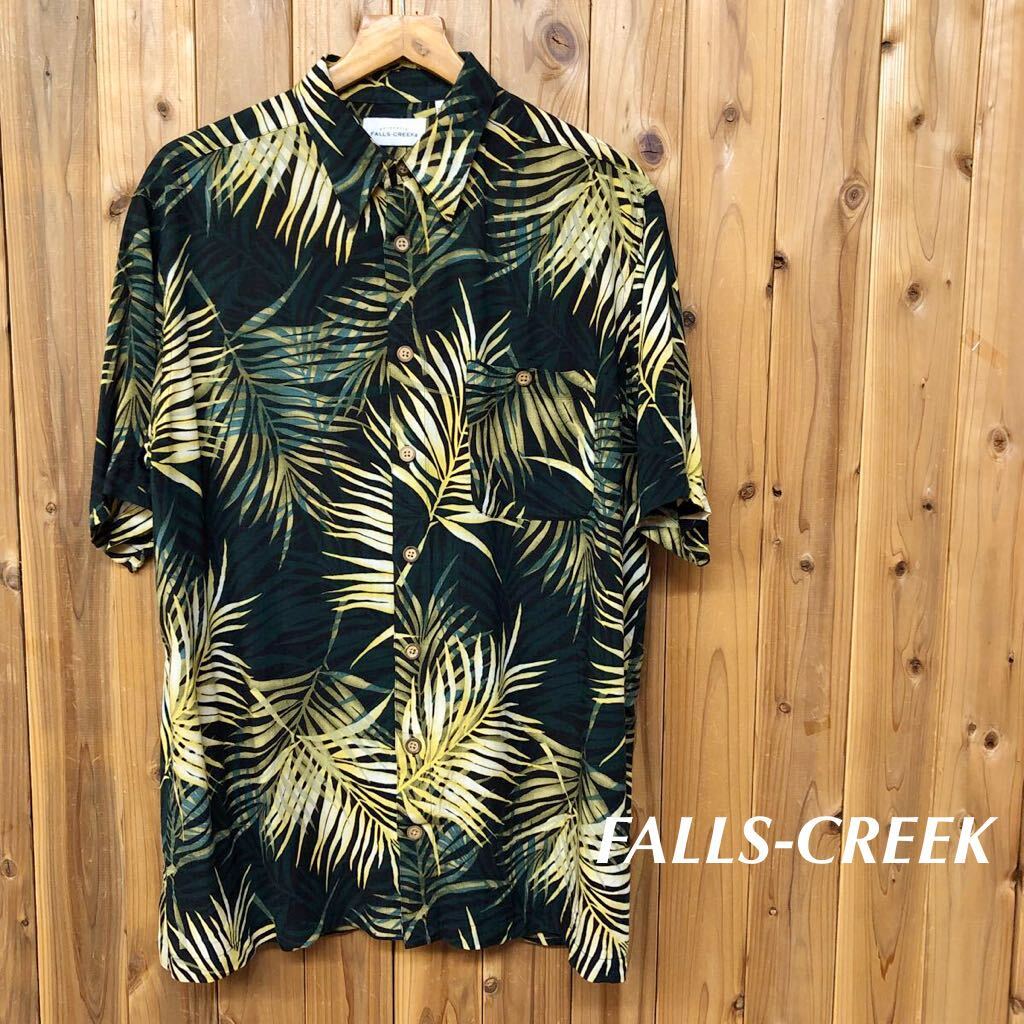 FALLS-CREEK*メンズLT 半袖シャツ アロハシャツ レーヨンシャツ 柄シャツ リーフ柄 ボタニカル ハワイアン 涼感 アメカジ USA古着拍卖