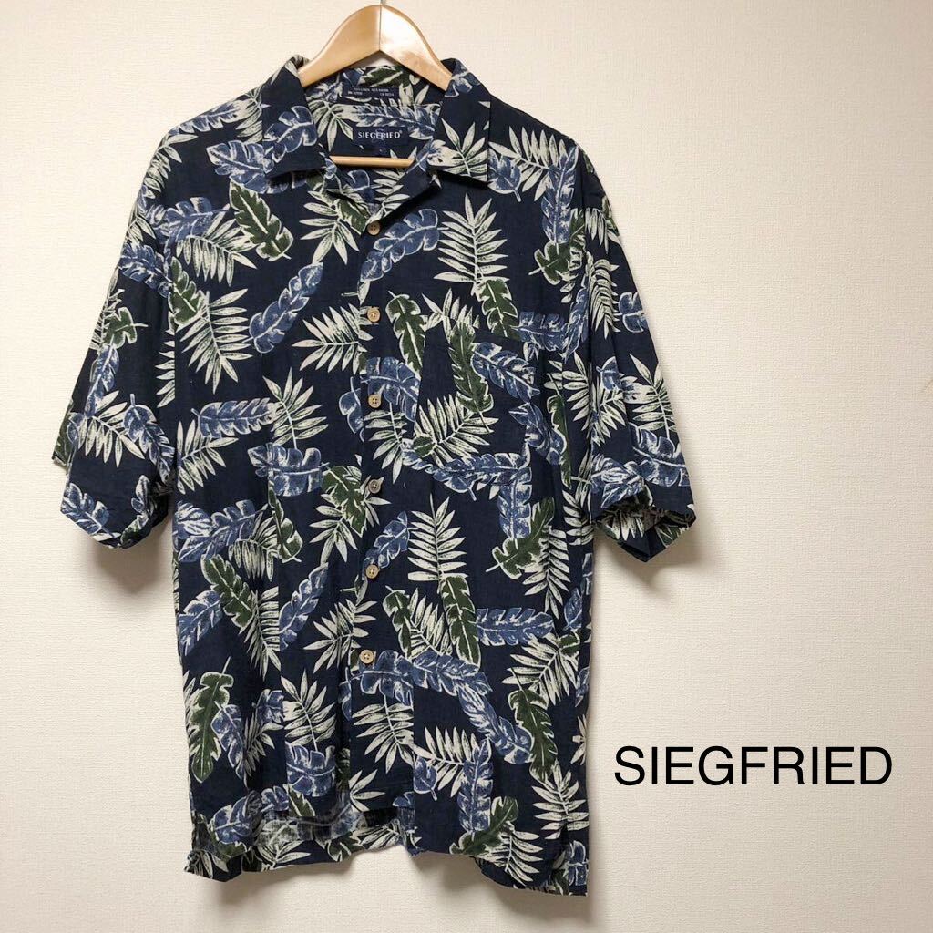 SIEGFRIED*メンズL 半袖 アロハシャツ オープンカラーシャツ 柄シャツ リーフ柄 ネイビー レーヨン×リネン アメカジ ハワイアン USA古着拍卖