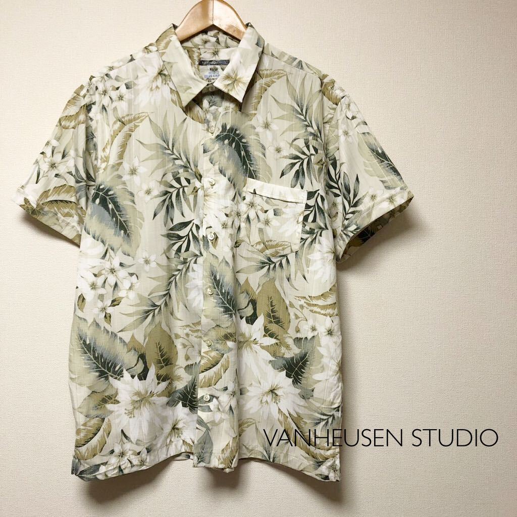 VANHEUSEN STUDIO*SLIM FIT メンズXL 半袖シャツ アロハシャツ 柄シャツ ボタニカル ハワイアン アメカジ USA古着拍卖