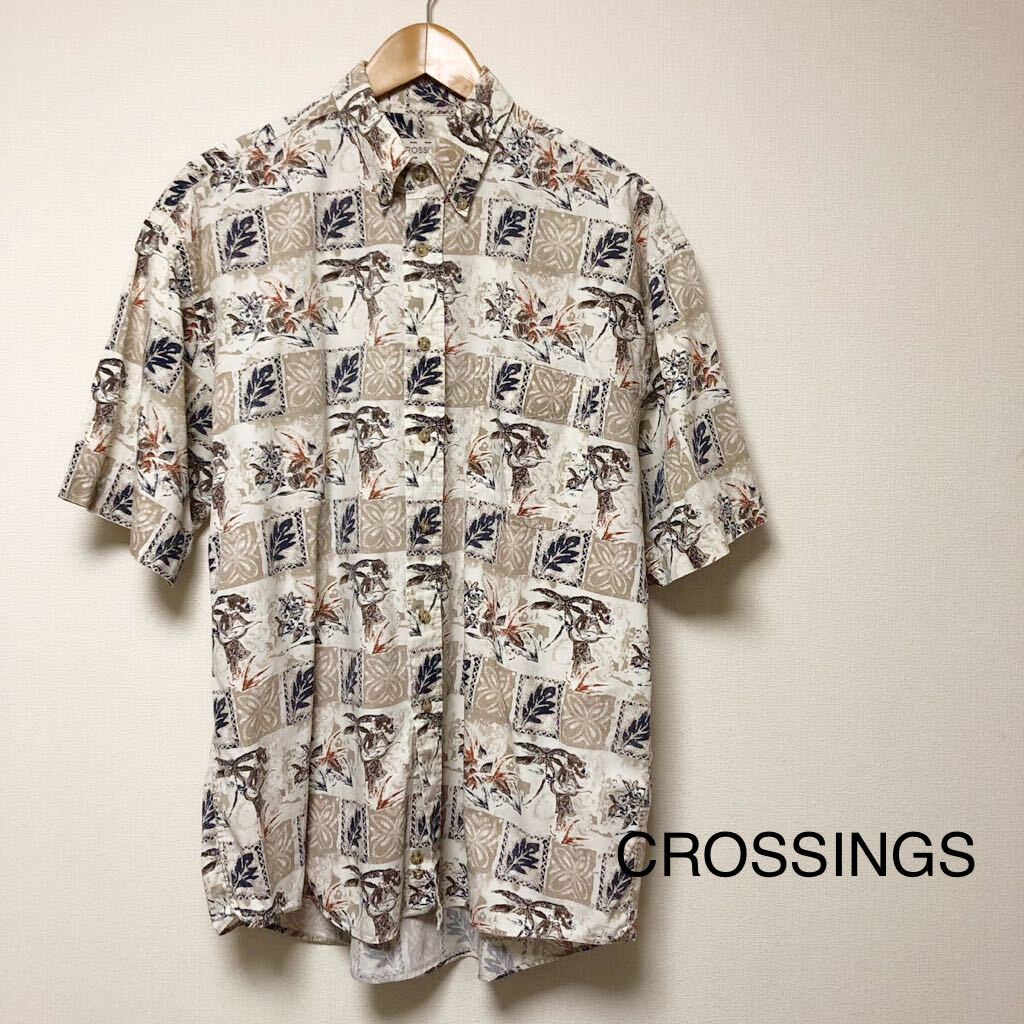 CROSSINGS*メンズL 半袖シャツ ボタンダウン アロハシャツ コットンシャツ エスニック 柄シャツ アメカジ USA古着拍卖