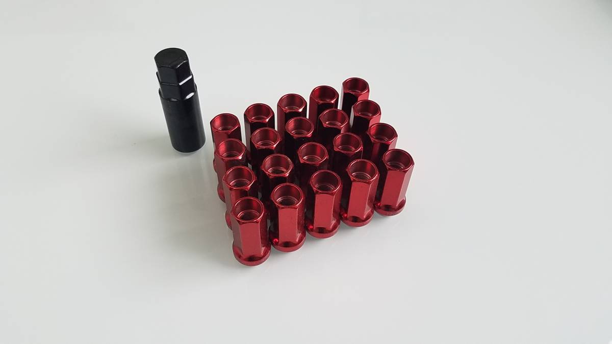 ホイールナット レーシングナット 貫通タイプ M12×P1.25 レッド スチール製 テーパー角60度 六角形型 専用アダプター付 1台分セット拍卖