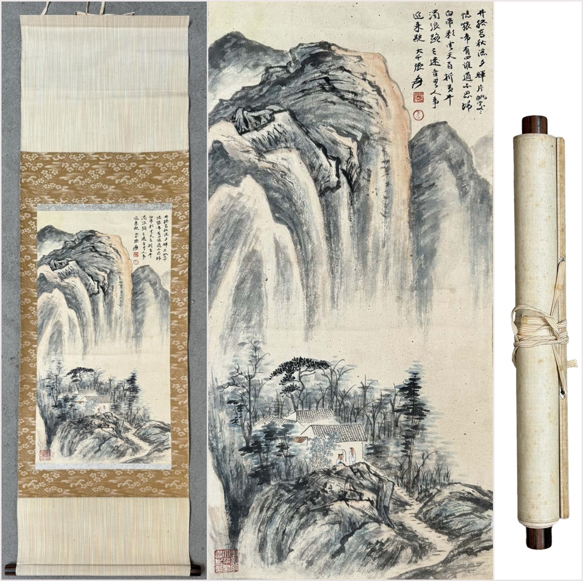 古美術 掛け軸 中国・近現代 「張大千書」 紙本 【山水図】 立軸 書道 巻き物 真筆逸品 肉筆保証 唐物 古画 LT-2407104拍卖