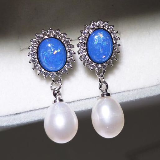 オパール×本真珠ピアス シルバー 無調色 天然パールピアス 7.5-8.5mm おしゃれ拍卖