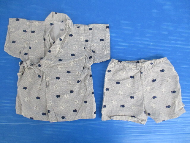 【お買得!】★子供甚平上下セット★グレー系 魚柄 70サイズ 綿100%拍卖