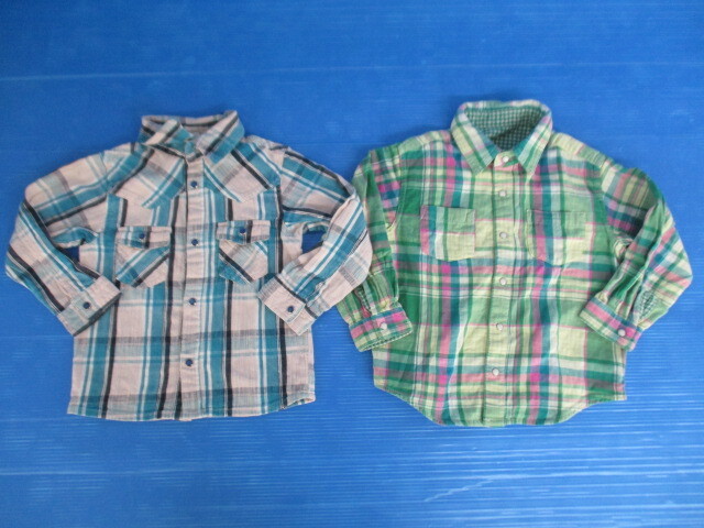 【お買得】★チェック柄長袖シャツ2点セット★①ZIPGUN/青系/110サイズ ②LITTLE BEAR CLUB/綠系/100サイズ 子ども服拍卖