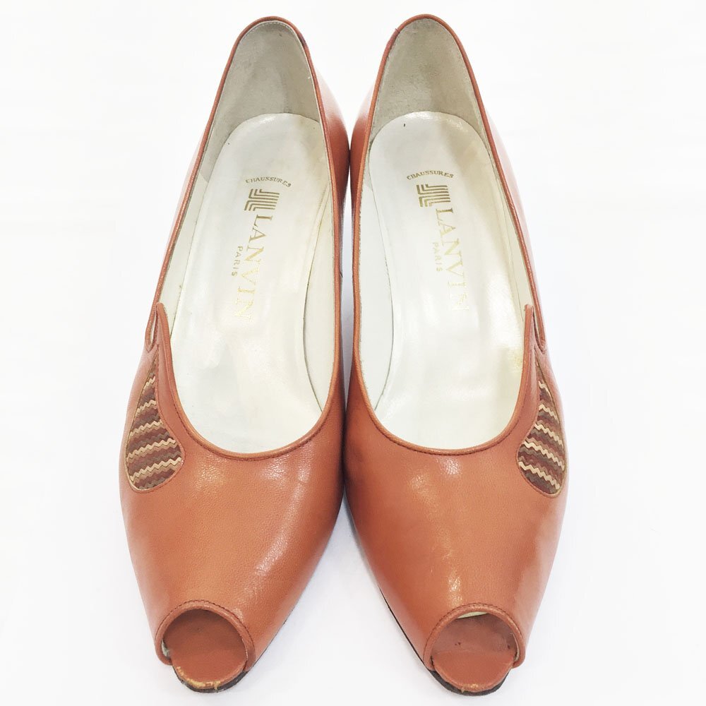 ◆LANVIN ランバン オープントゥパンプス レディース サイズ5.5 日本サイズ24cm程度 オレンジ レザー コーンヒール 9018 5BA/42340拍卖