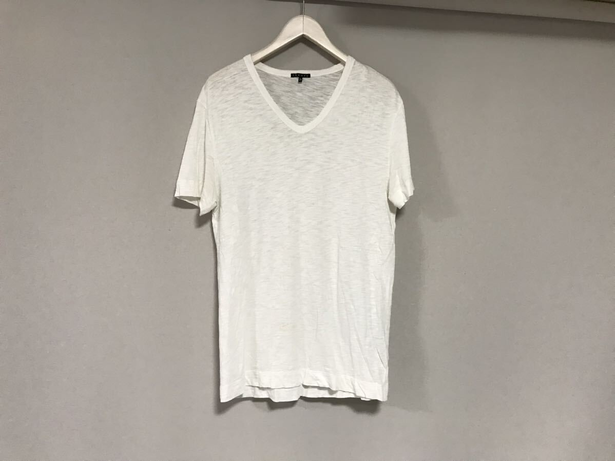 本物セオリーtheoryコットンスラブVネック半袖Tシャツメンズサーフアメカジミリタリーワークビジネススーツモード白ホワイトSペルー製拍卖