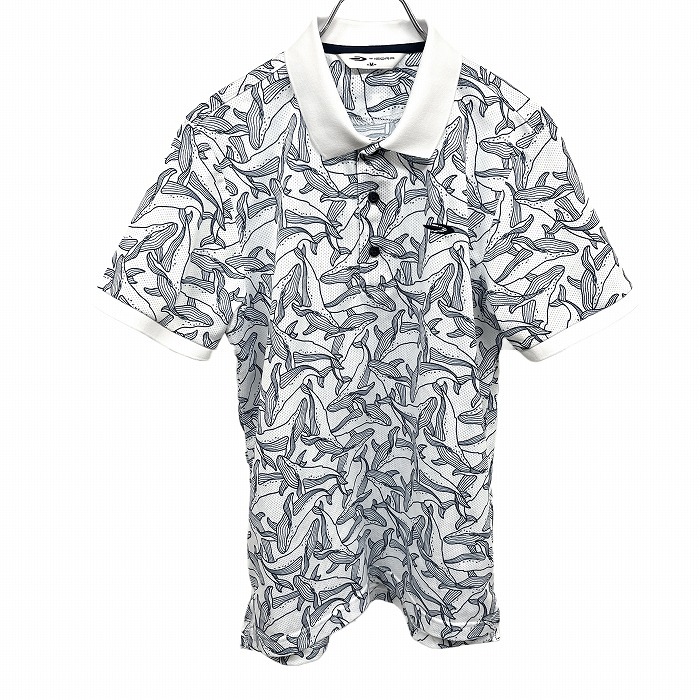 ティゴラ TIGORA メッシュ生地 ポロシャツ クジラ柄 半袖 ポケット無し ロングテール ロゴ刺繍 ポリ100% M ブルー 青×白 メンズ拍卖