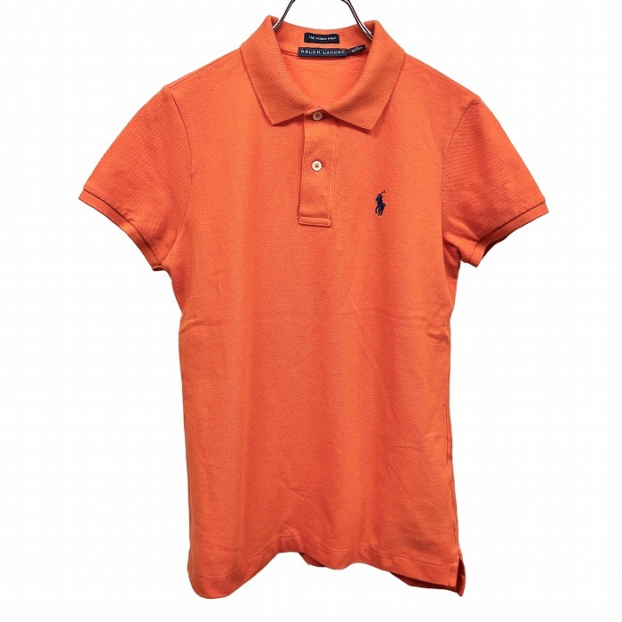 ラルフローレン RALPH LAUREN ポロシャツ 『THE SKINNY POLO』 鹿の子 馬の刺繍 半袖 綿100% M オレンジ オレンジ×紺 レディース拍卖